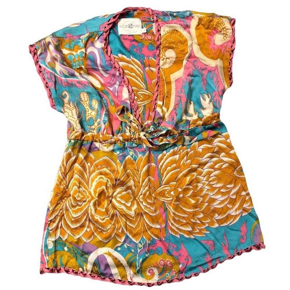 Alice & Trixie Silk‎ Kaftan Tunic Boho Floral Print Pink Turquoise Yellow M